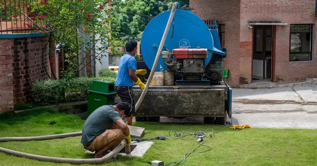 नीले टैंक वाले ट्रक और लंबी नली से सेप्टिक टैंक की सफाई करते दो कर्मचारी।